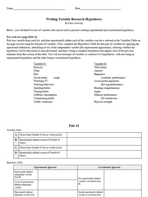 HypothesisActivity StudentHandout FINAL | PDF | Hypothesis | Psychology