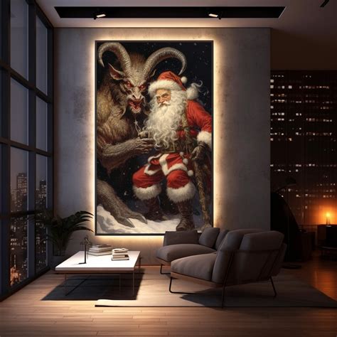 Santa Claus And Krampus Print Vintage Creepy Holiday Season Art