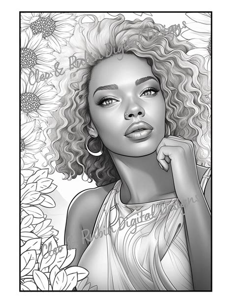 Black Woman Floral Adult Coloring Page Grayscale Black Woman Etsy Canada