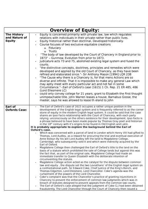 Equity And Trusts Lecture Notes Overview Of Equity The History And