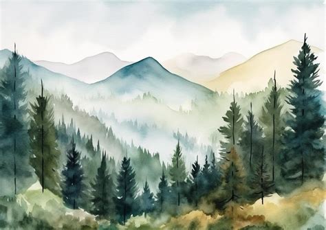 premium photo watercolor painting   mountain landscape  trees
