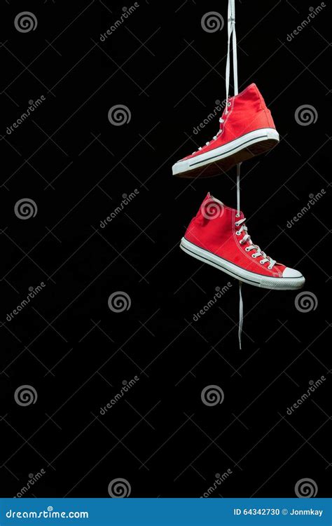 Red Sneakers Stock Photo Image Of Laces Suspended Black 64342730