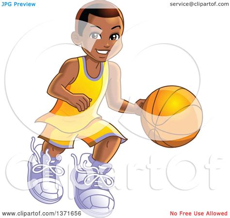 Clipart Of A Happy Black Boy Dribbling A Basketball Royalty Free