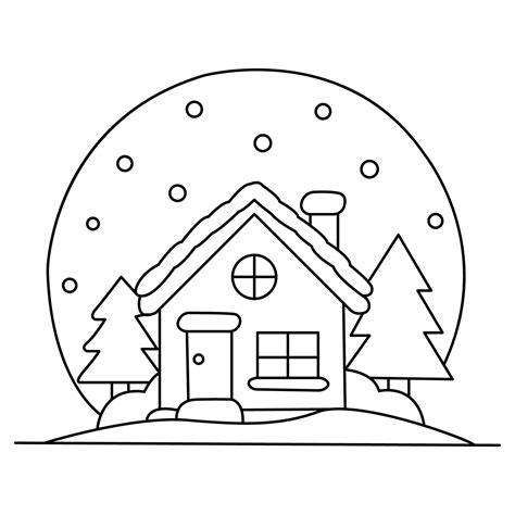 christmas house with snow and trees coloring page 27192847 Vector Art