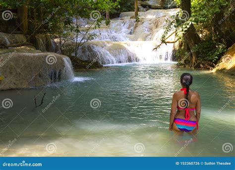 Woman In Bikini Pretty With Waterfall Stock Photo Image Of Natural Freshness
