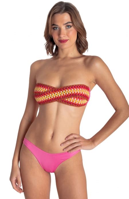 Bikini Bandeau Rembourr Avec Garnitures En Crochet Taille M Couleur Fuchsia Slip Glissement