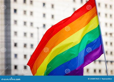 Muchos Agitando Banderas Del Orgullo Gay Lgbt En Una Marcha De Solidaridad Imagen De Archivo