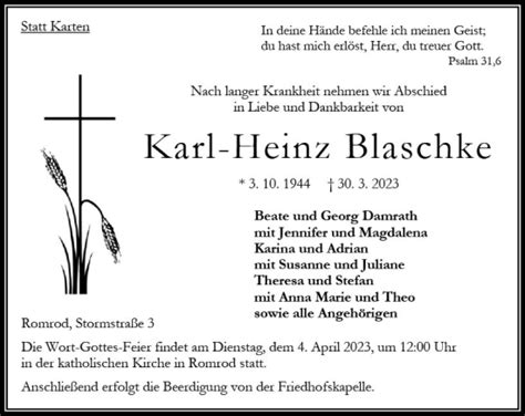 Traueranzeigen Von Karl Heinz Blaschke Vrm Trauer De