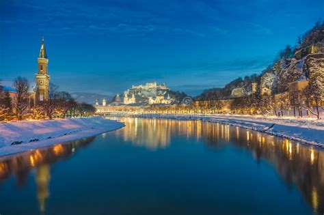 Beautiful Historic City Of Salzburg In Winter At Night Austria Stock