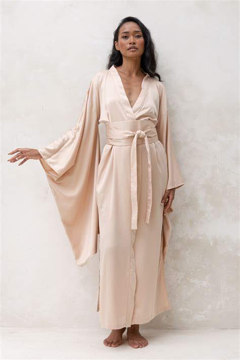 Long Beige Silky Satin Kimono Dressing Gown Identity Lingerie
