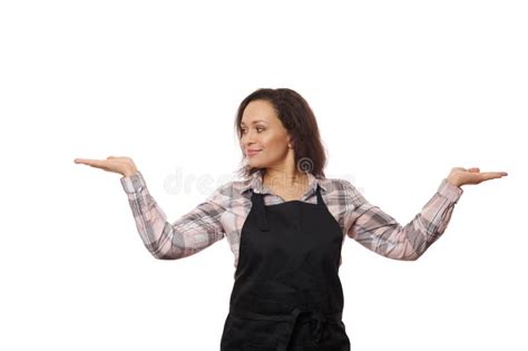 Delightful Pretty Brunette Wearing Black Chef X27 S Apron Smiling Looking At Copy Space She