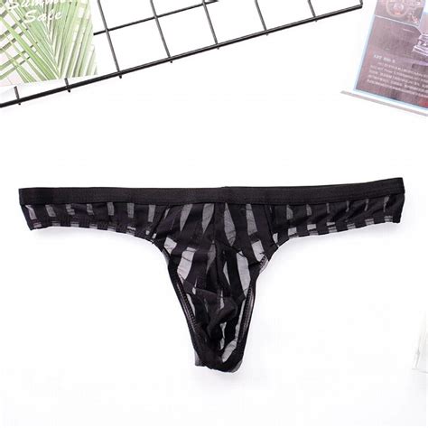 Sexy Mens Thong See Through Transparent Striped Underwear Breathable Mesh Bikini U Convex Bulge