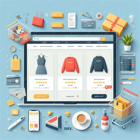 Flat lay illustration of an online shopping interface on a tablet with