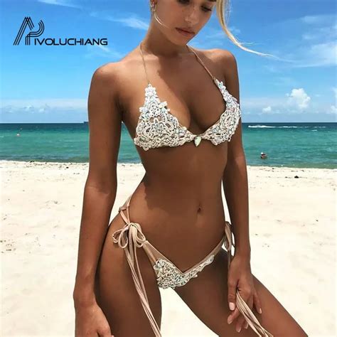 Nude Spitze Up Brasilianische Bikini Diamant Sling Badeanzug Kristall