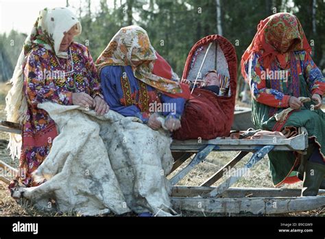 Khanty Women Making Clothing Of Deerskin Stock Photo Alamy