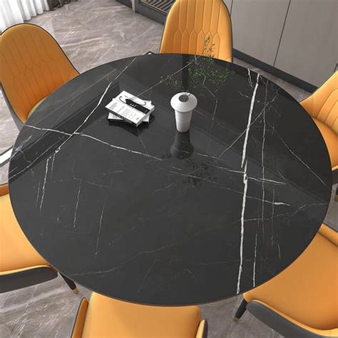 53 Black Modern Round Faux Marble Dining Table For 6 Person Gold Steel Pedestal Base Homary