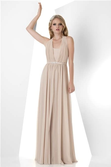 A Line Halter Long Champagne Chiffon Formal Occasion Bridesmaid Dress Beaded Belt