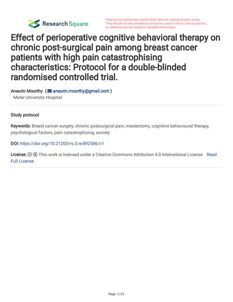 PDF Effect Of Perioperative Cognitive Behavioral Therapy On Chronic