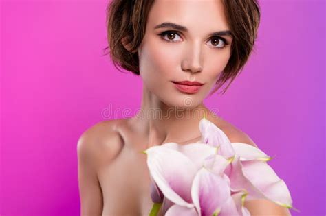 Photo Of Seductive Girl Naked Shoulders Enjoying Lilly Bouquet Empty Space Isolated Neon Pink
