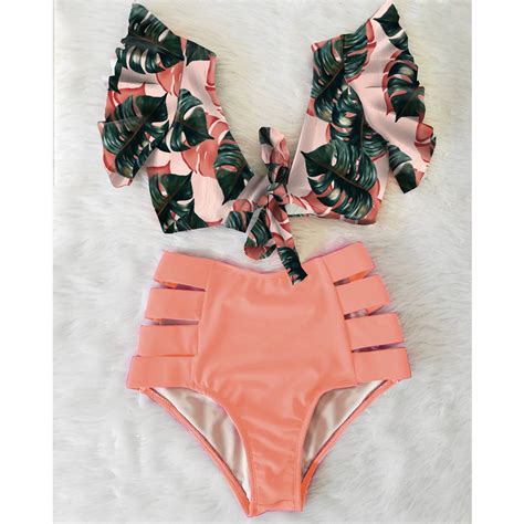 High Waist Bikini 2022 Ruffle Swimwear Women Print Sexy Swimsuit Push