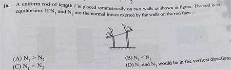 A Uniform Of Rod Of Length L Is Placed Symmetrically On Two Walls As Shown In The Figure The