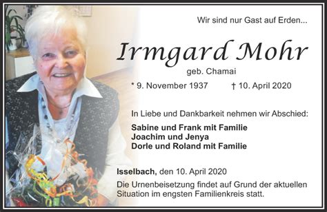 Traueranzeigen Von Irmgard Mohr Rz Trauer De