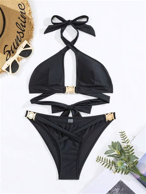 SHEIN Swim Cross Over Halter Neck Bikini Set With Circular Ring Decor SHEIN UK