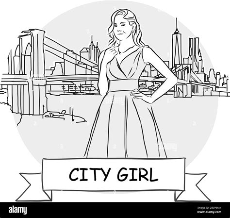 City Girl Cityscape Vector Sign. Line Art Illustration with Ribbon and ...