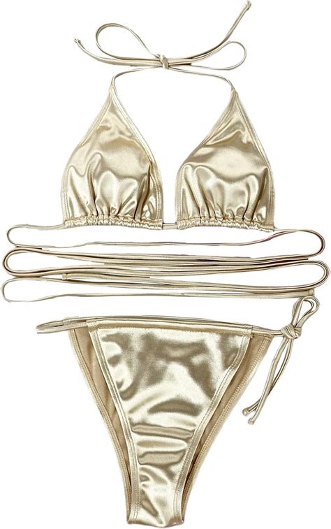 Buy SOLY HUX Women S Satin Metallic Halter Triangle Self Tie Bikini Bathing Suits Piece Bikini