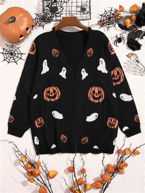 Shein Mais Cardigans Padrão De Halloween Ombro Caído Shein Brasil