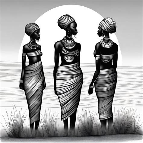 Minimalist Tribal Art African Women, Sunset Scenery Drawing by Mounir ...