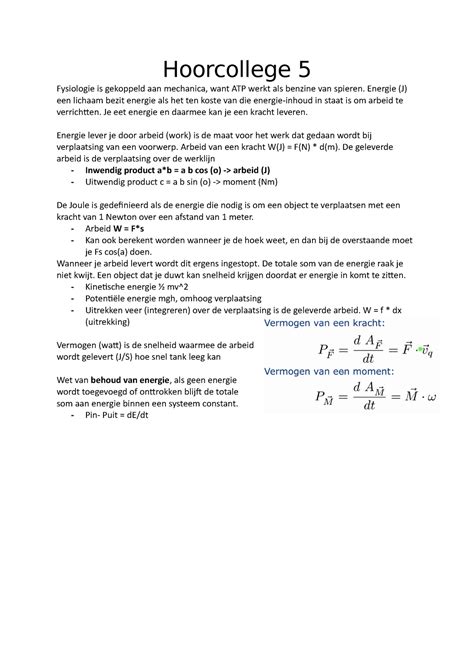 Aantekeningen Van Hoorcollege 5 Biomechanica Hoorcollege 5 Fysiologie