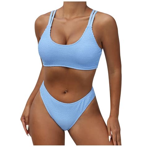 Zqgjb Women S Ribbed Bikini Sets Scoop Neck Cheeky Swimsuit High Waist Textured Two Piece Two