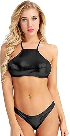 Buy Sgc Sweden Women S Metallic Faux Leather Sexy Halter Neck Bra Panty Bikni Lingerie Set