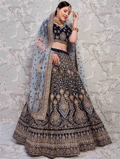 Navy Blue Satin Designer Flared Embroidered Lehenga Choli In 2020