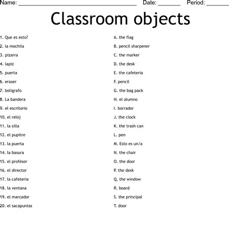 Spanish Classroom Objects List