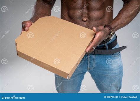 Muscular Courier Bringing Tasty Pizza Man With Naked Torso Holding Pizza Box Stock Image