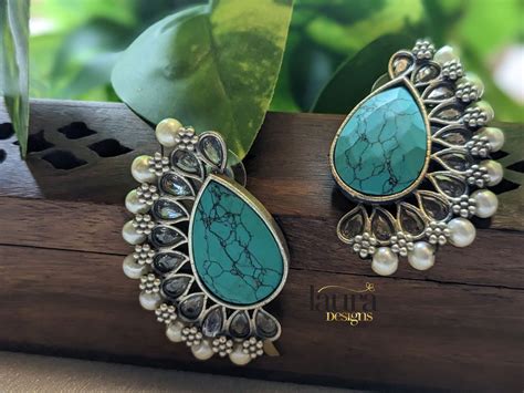 Vaanya Turquoise Green Antique Earrings - Laura Designs (India)