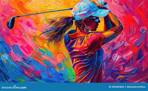 Colorful Painting of a Female Golfer in Mid-swing. Stock Image - Image