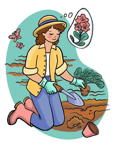 Dibujos Animados Mujeres Plantación De Plántulas Jardinera Cuidando