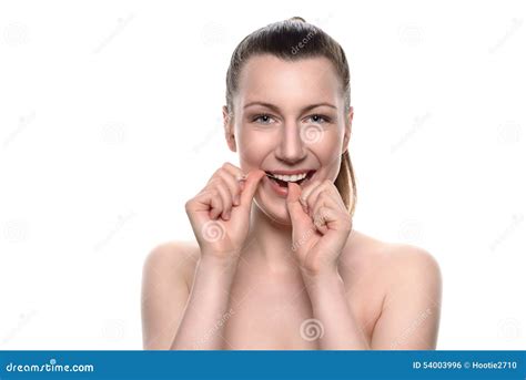 Smiling Naked Woman Using Dental Floss Stock Photo Image Of Decay Female 54003996