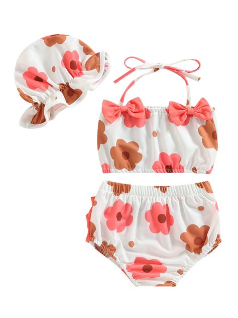 Inevnen Baby Girls Three Piece Swimsuits Floral Print Halter Bikini Set Bathing Suit With Swim
