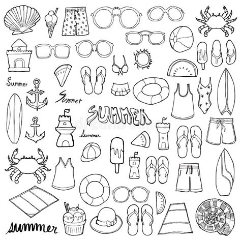 Set Of Summer Drawing Illustration Hand Drawn Doodle Sketch Line Vector
