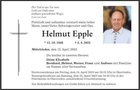 Traueranzeigen Von Helmut Epple Augsburger Allgemeine Zeitung