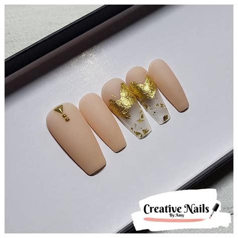 Matte Nude Gold Press On False Nails Creative Nails