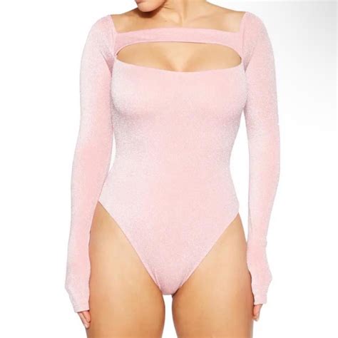 Naked Wardrobe Pink Shimmer Cutout Body Suit Can Fit Depop