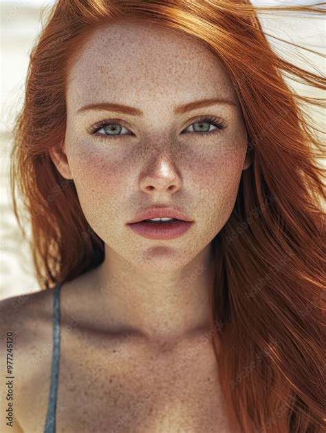 Junge hübsche Rothaarige Frau in Bikini am Strand im Sommerurlaub Porträt Generative AI Stock