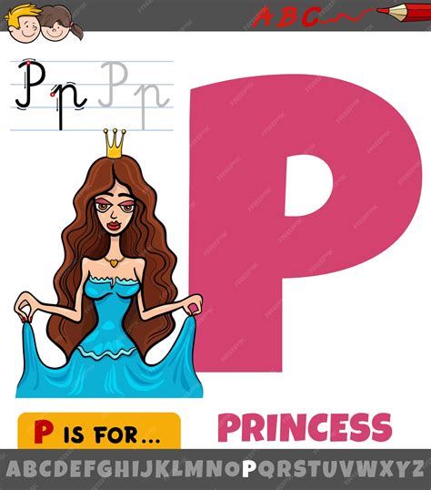 La lettre P de l'alphabet avec le personnage de la princesse de dessin