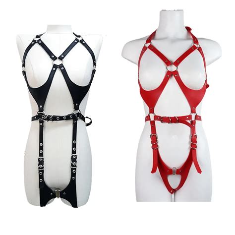 BDSM Lingerie Bondage Leather Harness Sexy Goth Fetish SM Slave Garter Belt Hollow Exposed Chest
