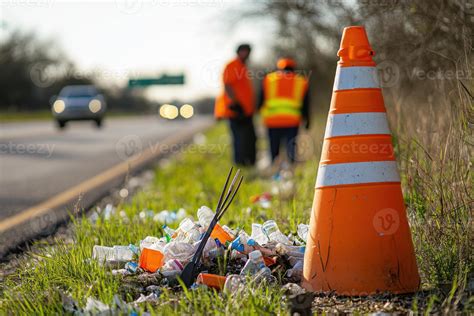 Roadside litter with traffic cone and workers cleaning up trash on the